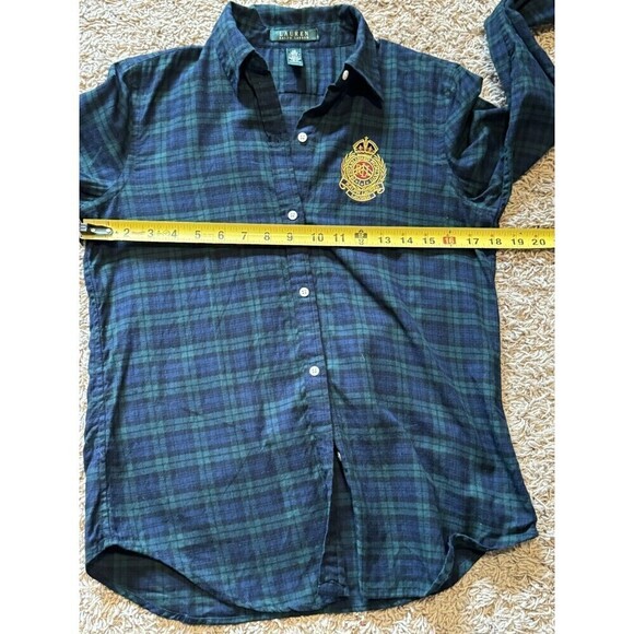 Lauren Ralph Lauren Womans Blue Plaid Flannel Shirt Large Emblem Crest Patch XS - Picture 8 of 8